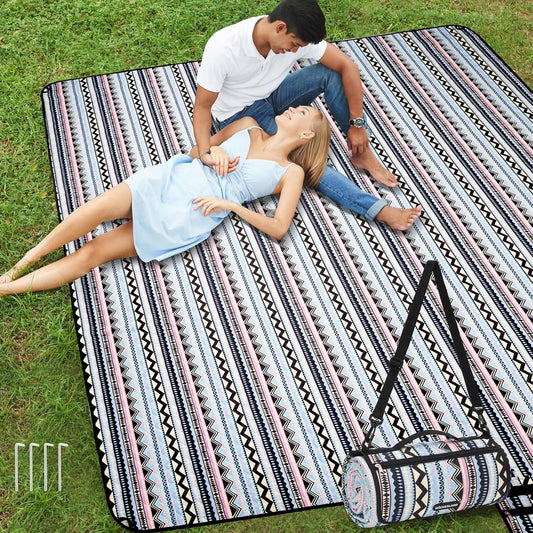 Picnic Blankets Extra Large Outdoor - Beach Blanket Waterproof Sandproof with Shoulder Strap, Machine Washable, Picnic Mat with Stakes for Grass Concert, Park.BohoGeometry
