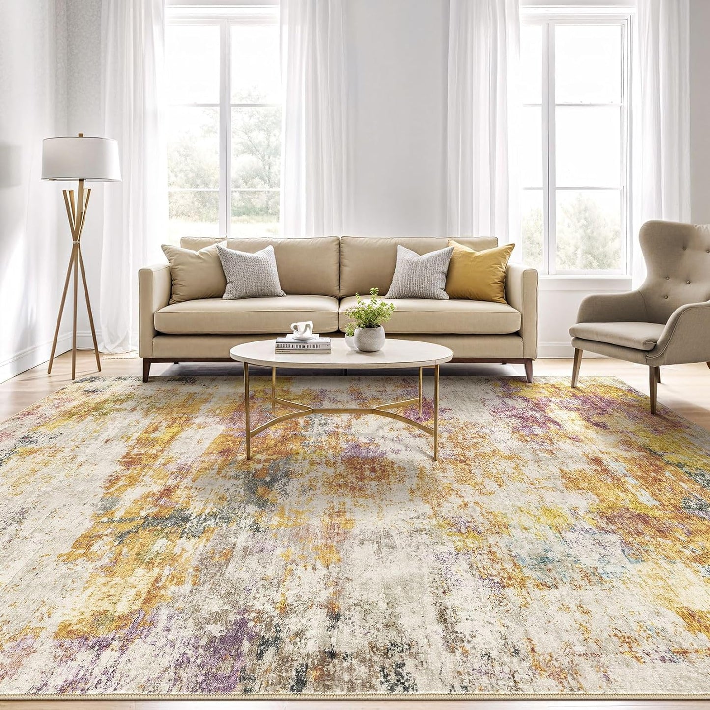 8X10 Area Rugs Living Room: Washable Large Abstract Modern Soft Stain Resistant Indoor Floor Rugs Non Slip Accent Carpet for Bedroom Nursery Playroom Office Dining Room Dorm Home House- Gold Colorful