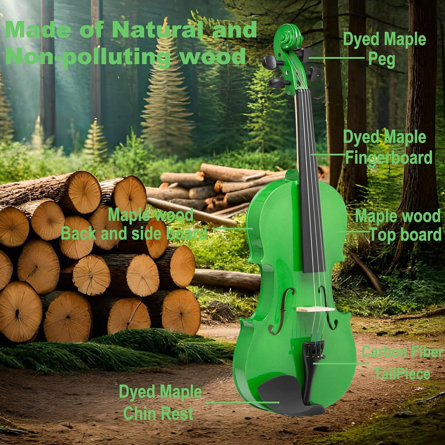 1/4 Fiddle Green Colored Premium Violin Outfit for Beginners Adults Kids With 5 Color Fingering Tape- Handcrafted Student Beginner Violin