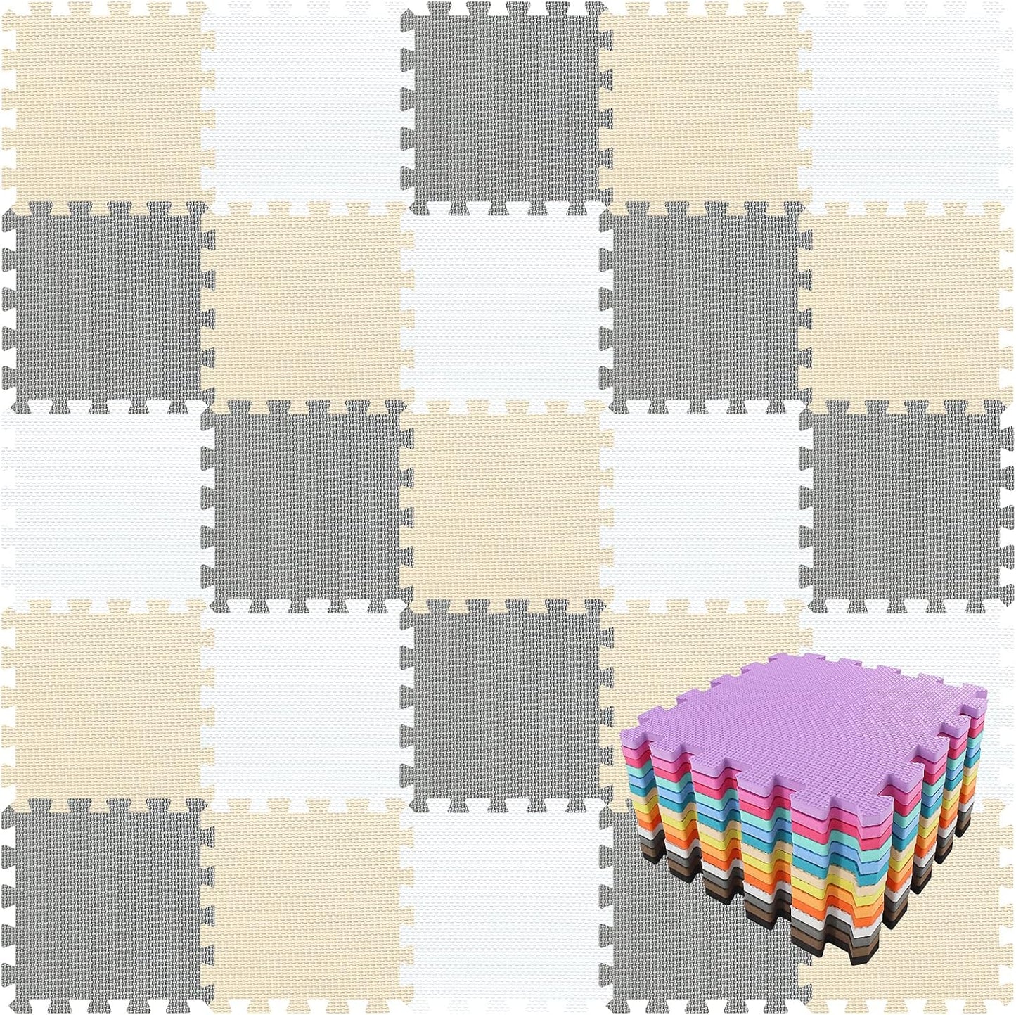 qqpp EVA Rubber 18 Tiles Interlocking Puzzle Foam Floor Mats - Baby Play Mat for Playing | Exercise Mat for Home Workout. White, Beige, Gray. QC-AJLb18N