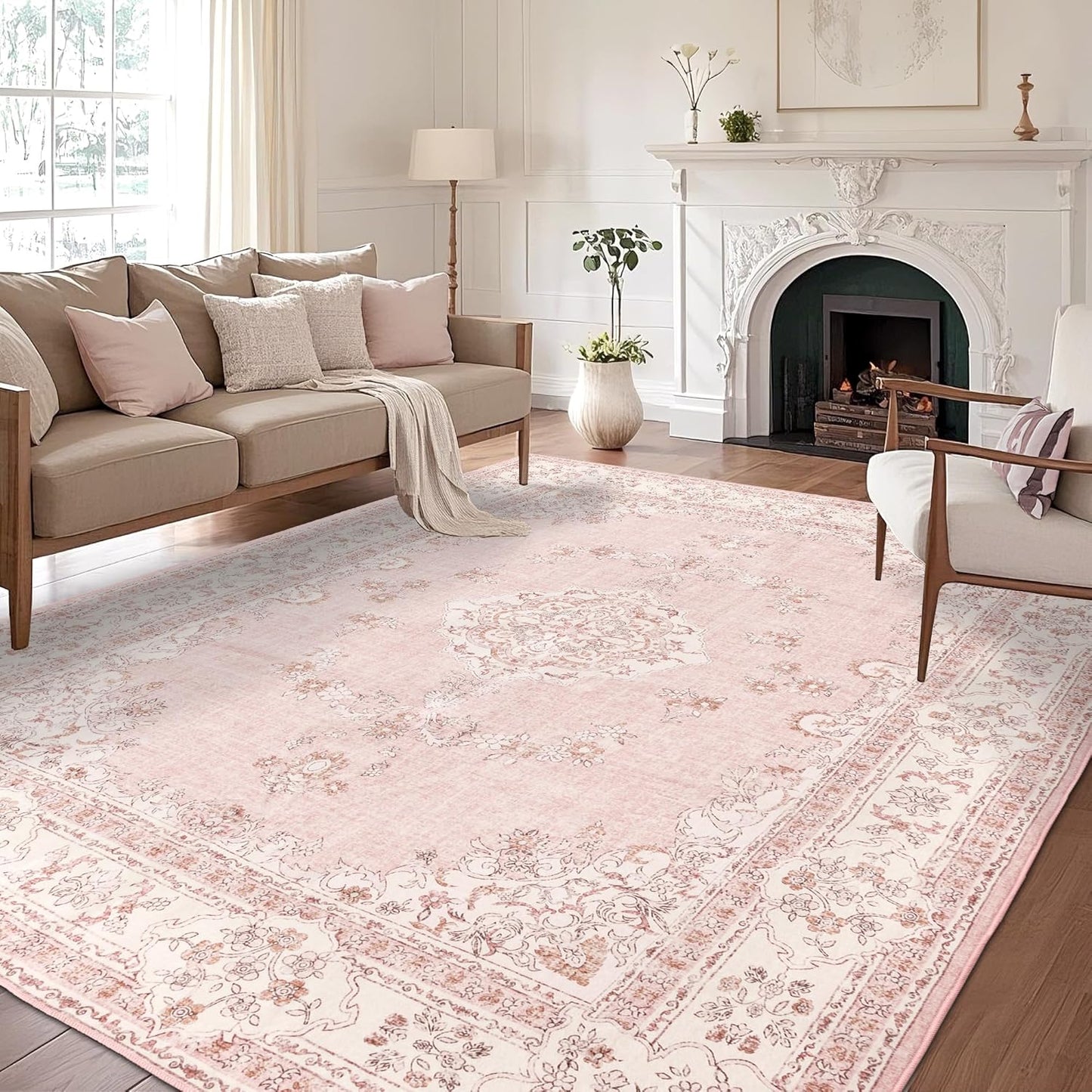 9x12 Area Rug Washable: Oriental Soft Area Rug for Living Room Bedroom No Shedding - Low Pile Thin Carpet Rug for Dining Room Non Slip - Boho Vintage Rug for Home Decor - Soft Pink