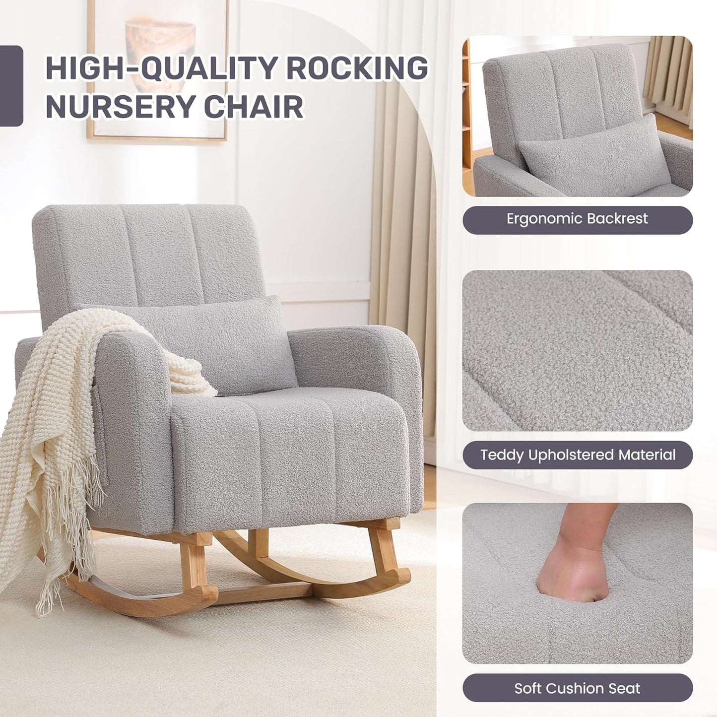Rocking Chair with Ottoman, Upholstered Nursing Glider Rocker with High Backrest and Side Pocket, Comfy Reading Chair with Solid Wood Legs for Nursery/Living Room/Bedroom Light Grey