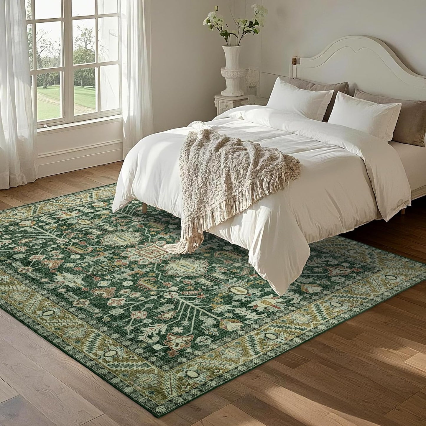 6x9 Area Rugs Washable: Oriental Soft Area Rug for Living Room Bedroom No Shedding - Low Pile Thin Carpet Rug for Dining Room Non Slip - Boho Vintage Rug for Home Decor - Retro Forest Green
