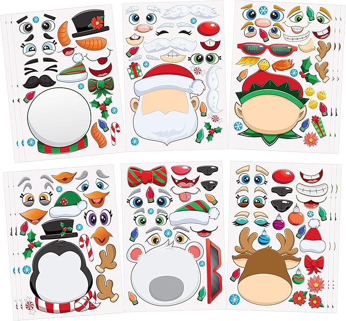 JOYIN 24 Pcs Christmas Make-a-face Stickers, Make Your Own Characters Mix and Match Sticker Sheets with Christmas Elf, Santa Santa, Snowman, Penguin, and Polar Bear Kids Party Favor Supplies Craft