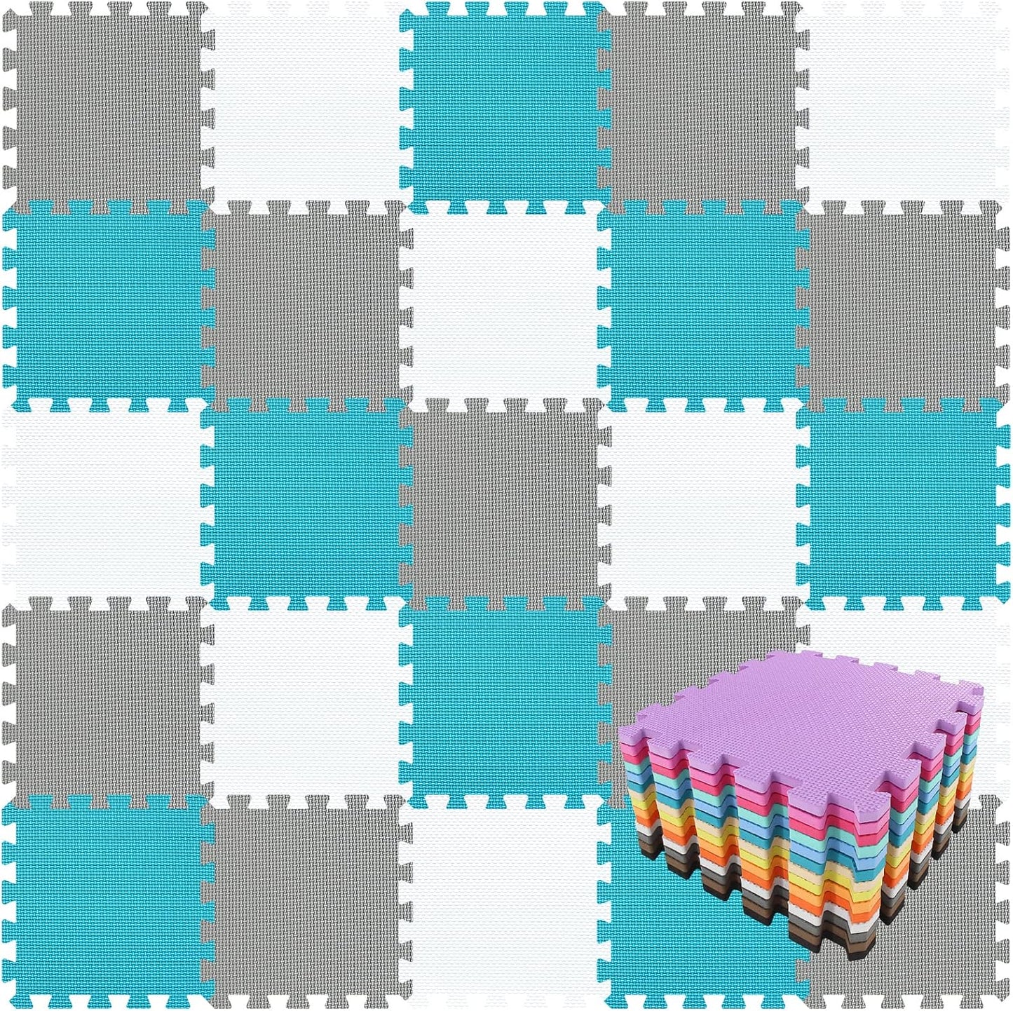 qqpp EVA Rubber 18 Tiles Interlocking Puzzle Foam Floor Mats - Baby Play Mat for Playing | Exercise Mat for Home Workout. White, Gray, Dark Green. QC-ALPb18N