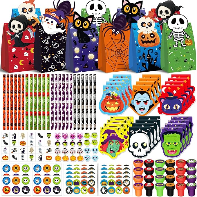 Halloween Party Favors for Kids,192pcs Halloween Stationery gift kit,Halloween Miniatures Prizes,Trick or Treat Goodie Bag Fillers including Notepad, Stamper, Sticker, Pencil, Eraser, Tattoo sticker