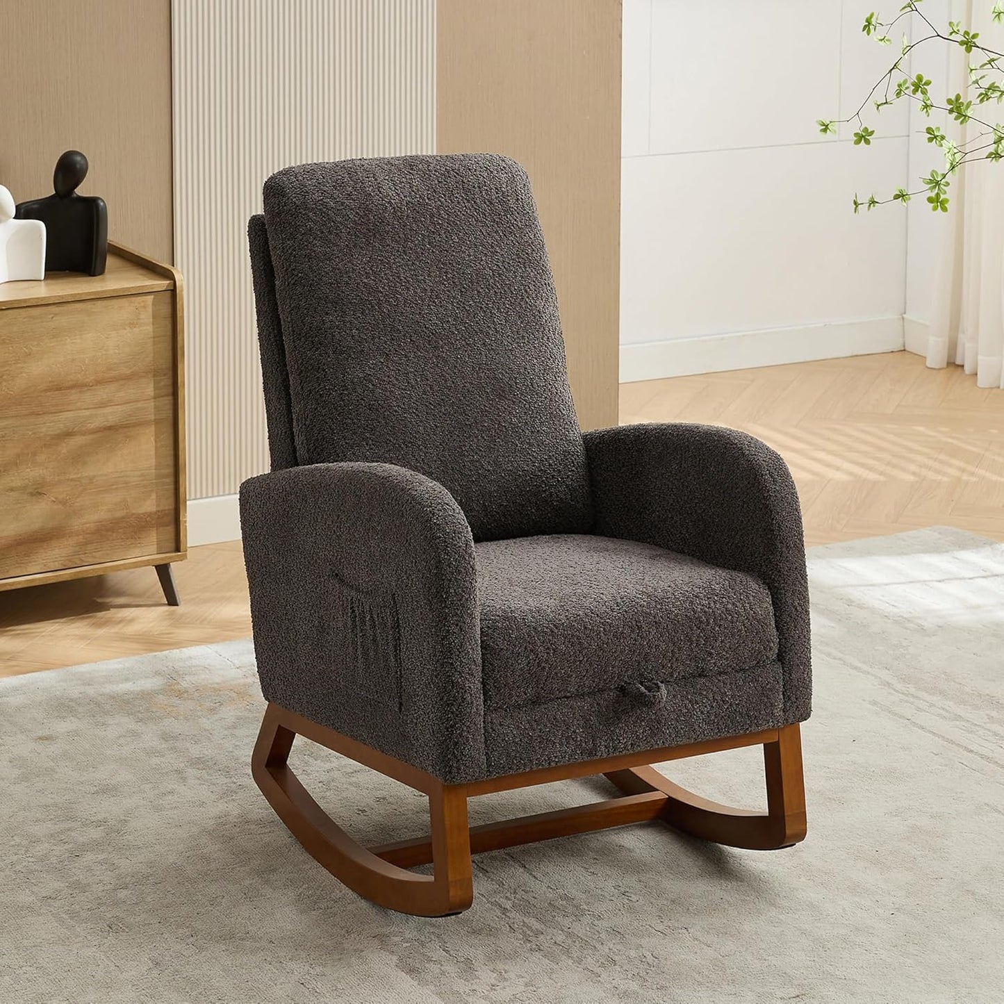 Nursery Rocking Chair with Foot Rest, Upholstered Glider Chair with Two Side Pockets, High Back Nursing Chair, Rocker Accent Armchair for Bedroom Living Room (Charcoal)