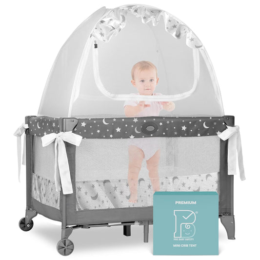 Premium Pack n Play Tent, Mini Crib Tent to Keep Baby from Climbing Out, Auto Pop Up Pack and Play Tent with Auto-Lock Zippers, Thick Velvety Breathable Mesh (Stars & Moons - Ruffles)