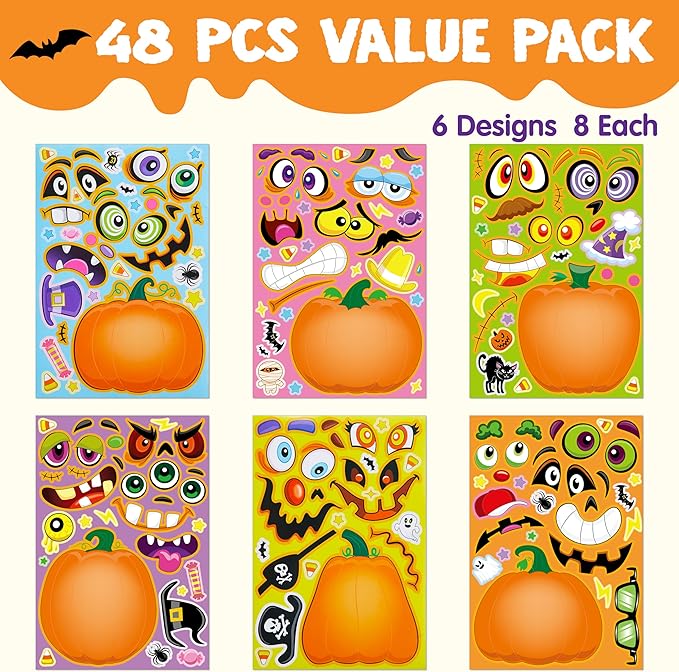 JOYIN 48 Pcs Halloween Pumpkin Stickers for Kids, Halloween Party Favor, Craft Party Supplies, Funny Sticker with Different Pumpkin Design, Classroom Activities Games Goodies Treat Gifts（Age 3+）