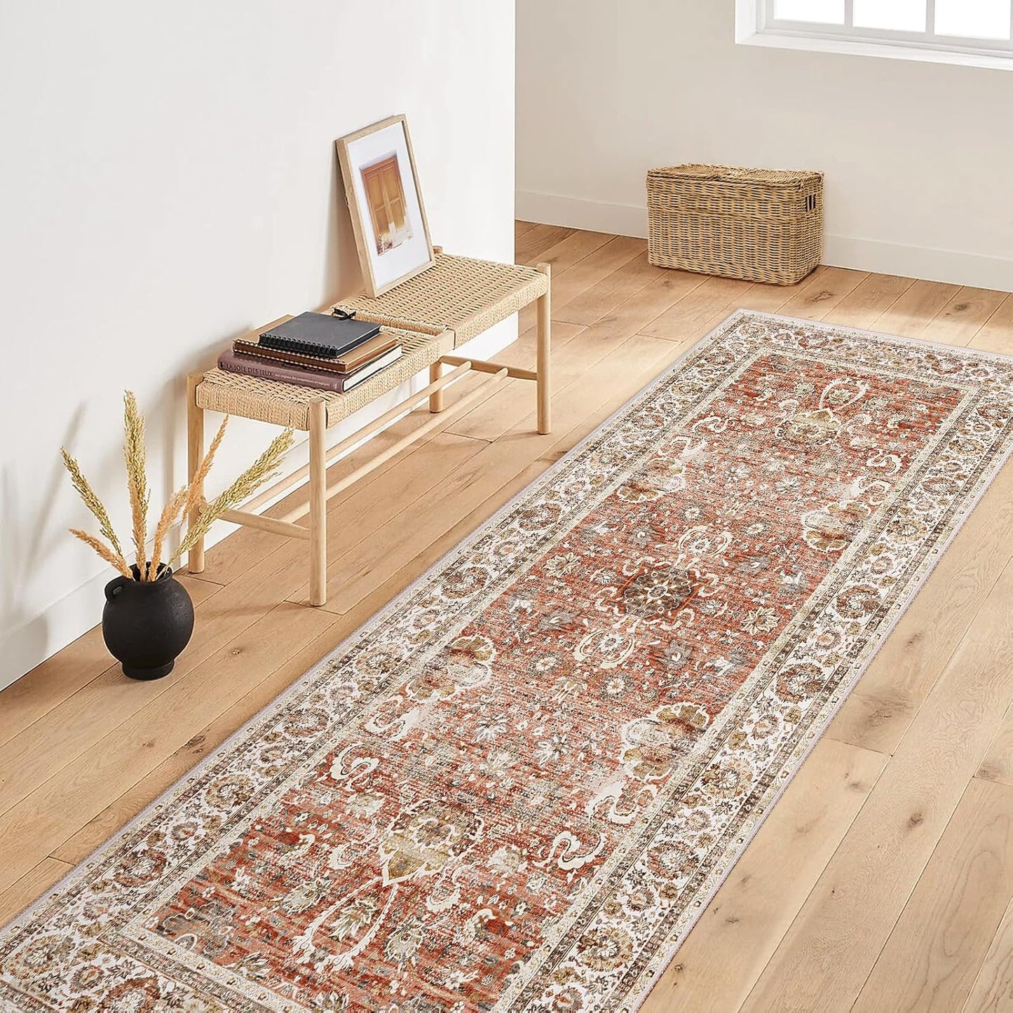 Vintage Runner Rug - 3x7 Distressed Brick Red, Non-Slip Kitchen & Bedroom Runner with Rubber Backing