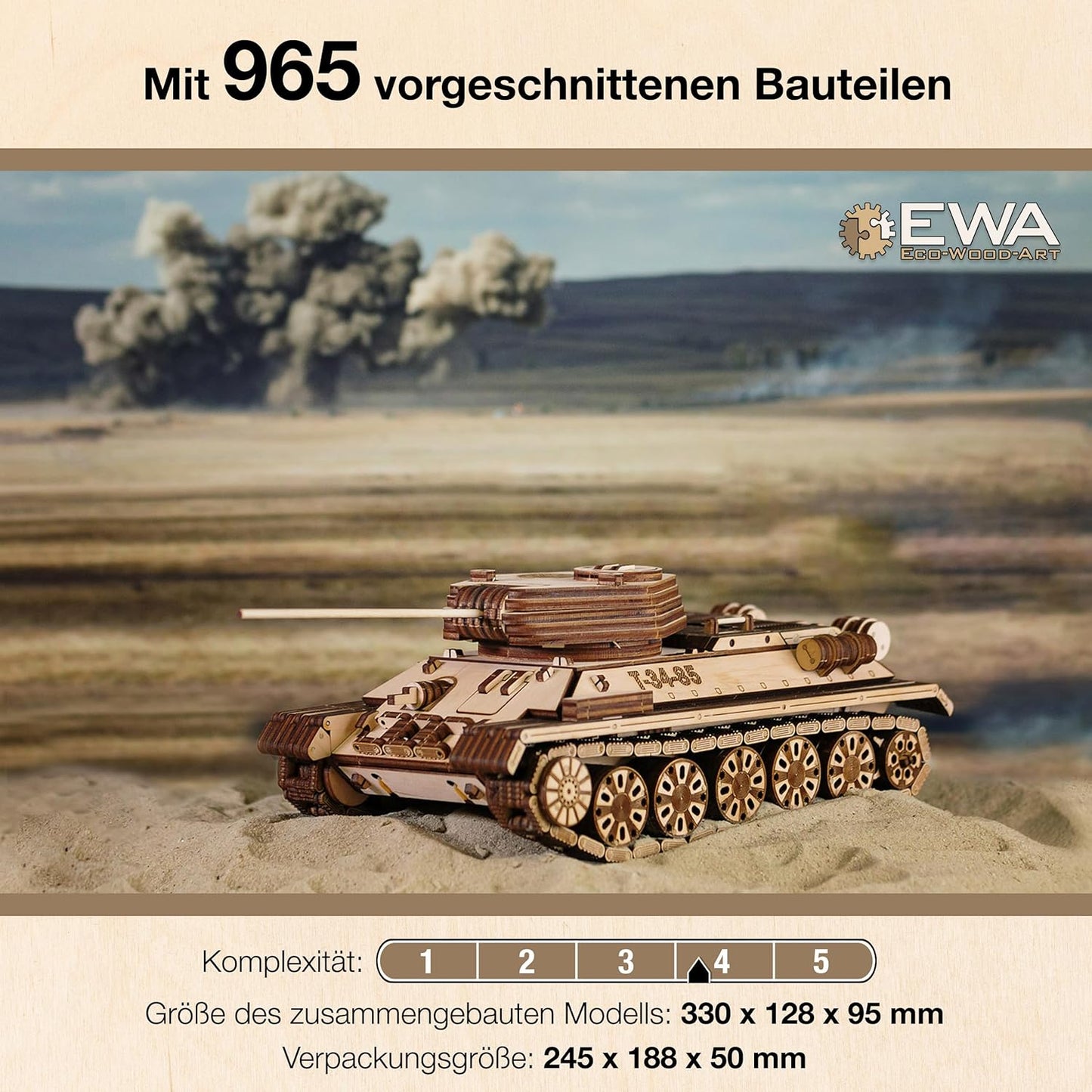 3D Wooden Puzzles for Adults - DIY T-34-85 Tank 3D Puzzle Model Kit with Rubber Band Engine, Rolling Wheels & Rotating Cannon - 3D Wooden Puzzle for 15 yrs Above & Adults - Eco Wood Art, 965 Pieces