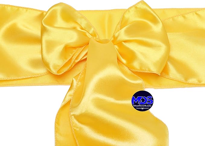MDS Pack of 150 PCS Satin Chair Sashes Charmeuse Sateen Dining Chair Bows Ribbon Ties Back Sash for Wedding Party Birthday Home Hotel Restaurant Banquet Decoration (7 x 108 Inch, Yellow Gold)