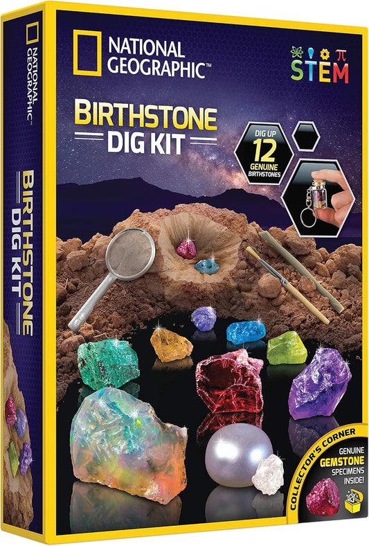 National Geographic Birthstone Dig Kit - Science Kit with 12 Genuine Birthstones, Includes a Real Diamond, Ruby, Sapphire, Pearl, & More, Gemstones and Crystals, Rock Collection (Amazon Exclusive)