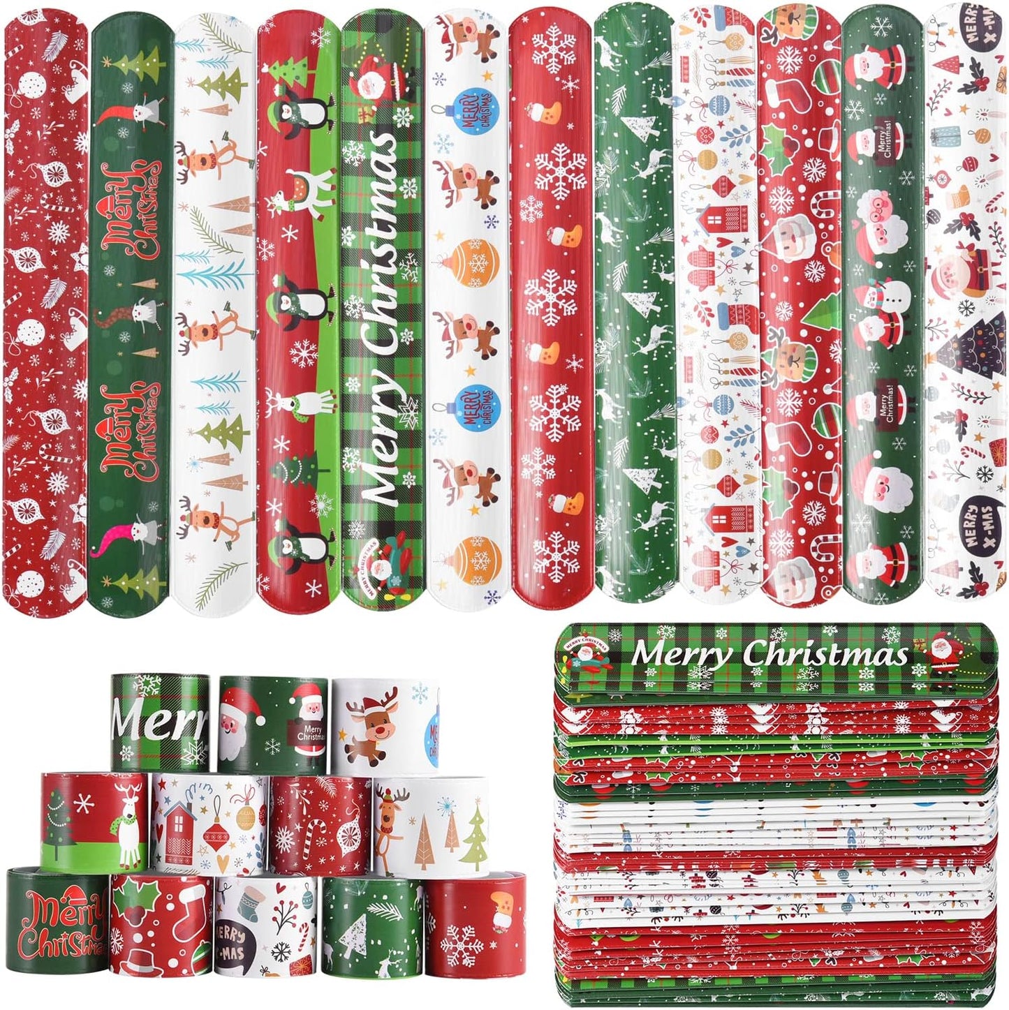 48PCS Christmas Slap Bracelets Slap Xmas Snap Bracelet Party Favors Toys Slap Bands Assorted Christmas Theme Pattern for Christmas Party Favors