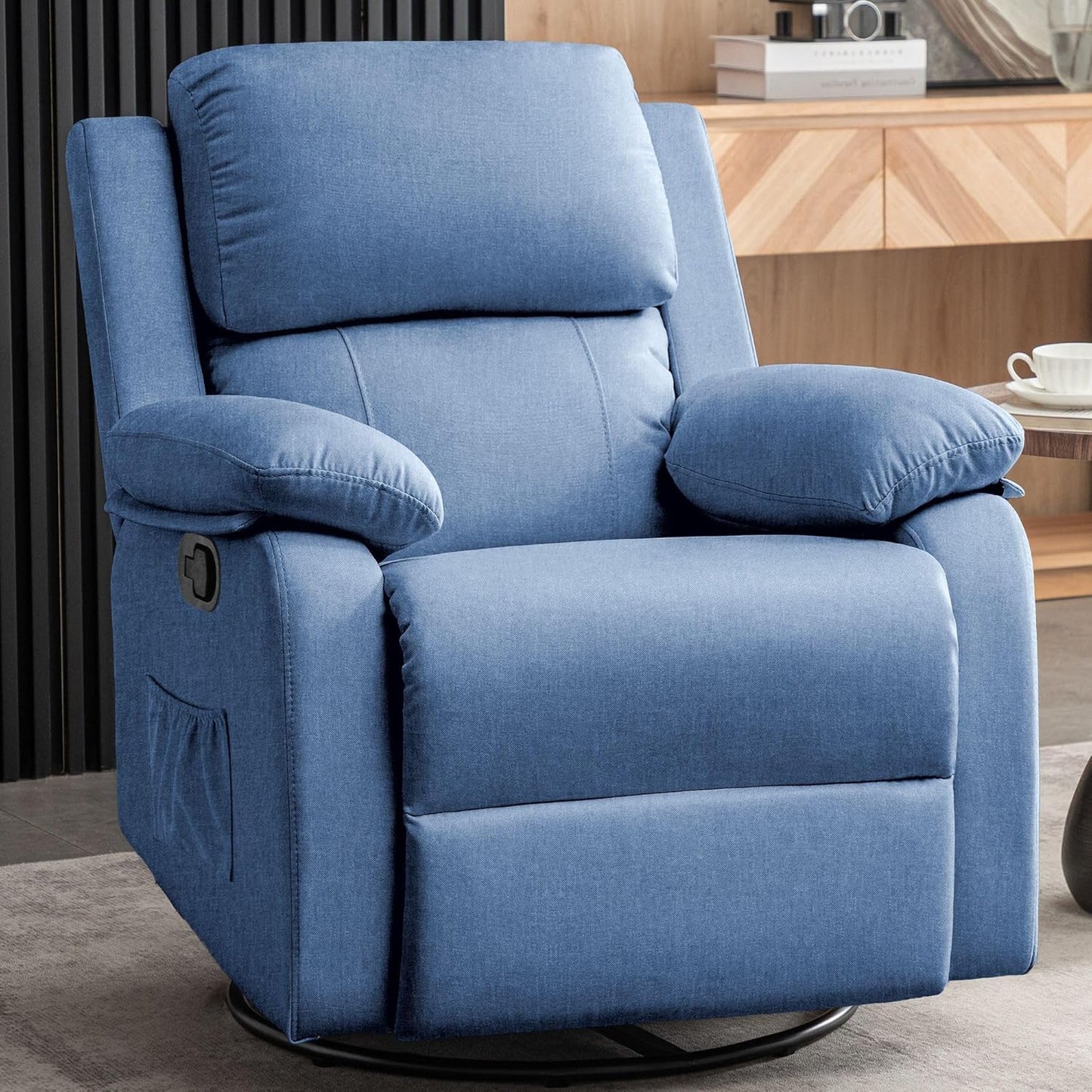 Recliner Chair, 360 Swivel Rocker Chair for Adults, Small Rocking Recliner Chair for Small Spaces, Upholstered Fabric Glider Recliner Nursery Chair with Side Pockets for Living Room, Nursery