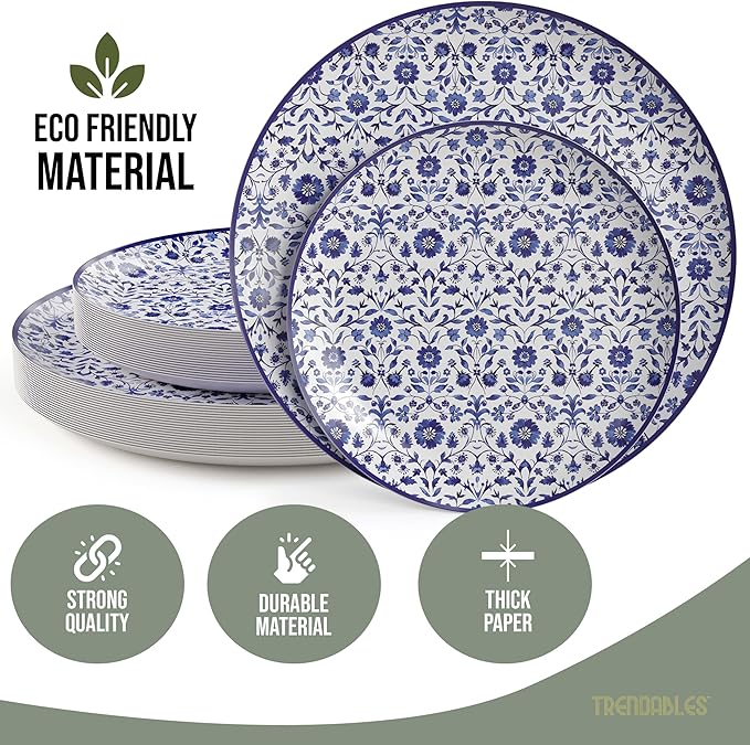 Trendables Heavy Duty Paper Plates Set For 32 Guests - 32 Each Of 8-inch And 10-inch Disposable Plates For Party - Fancy 64 Piece Dinnerware Set For All Occasions | Floral Design, Florentine