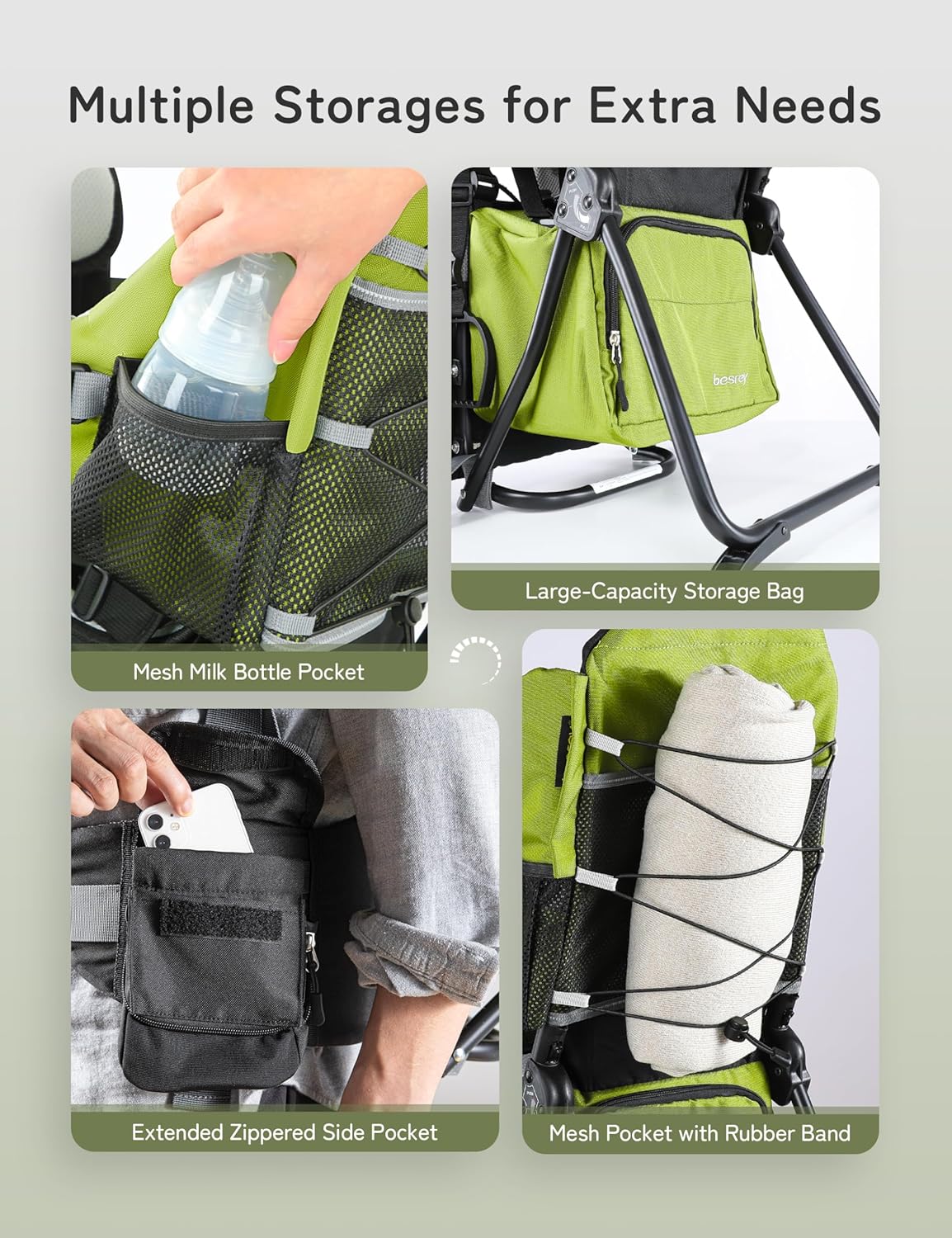 besrey Baby Backpack Carrier, Toddler Hiking Backpack with Safety 3-Height Seat, Adjustable Straps&Waist Belt, Foldable Frame Lightweight Large Capacity Child Carrier for Hiking (Green)