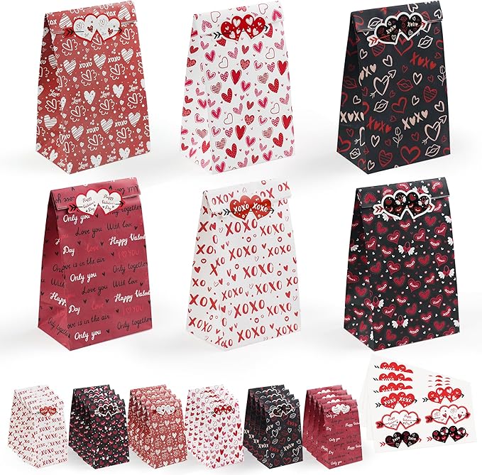 Valentines Bags - 24 PCS Valentines Gift Bags for Class School,Valentine Treat Bags with Stickers - Valentine Goodie Bags for Kids | Valentine's Day Gifts for Kids - Valentine's Decorations Party Favors