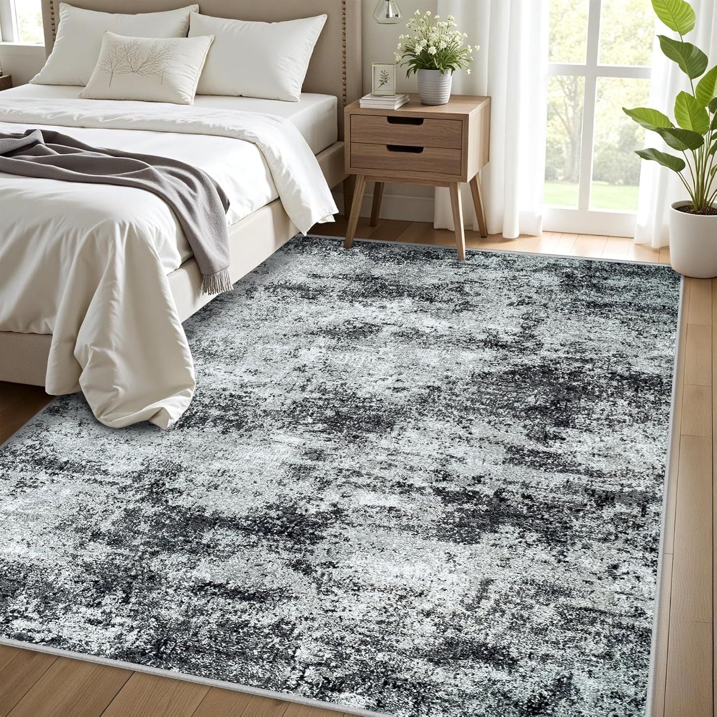 Area Rug Living Room Rugs: 5x7 Abstract Washable Rugs Ultra Soft Carpets with Non-Slip Backing Stain Resistant Carpet for Dining Room Table Bedroom Nursery Indoor Home Office Dark Black/Gray
