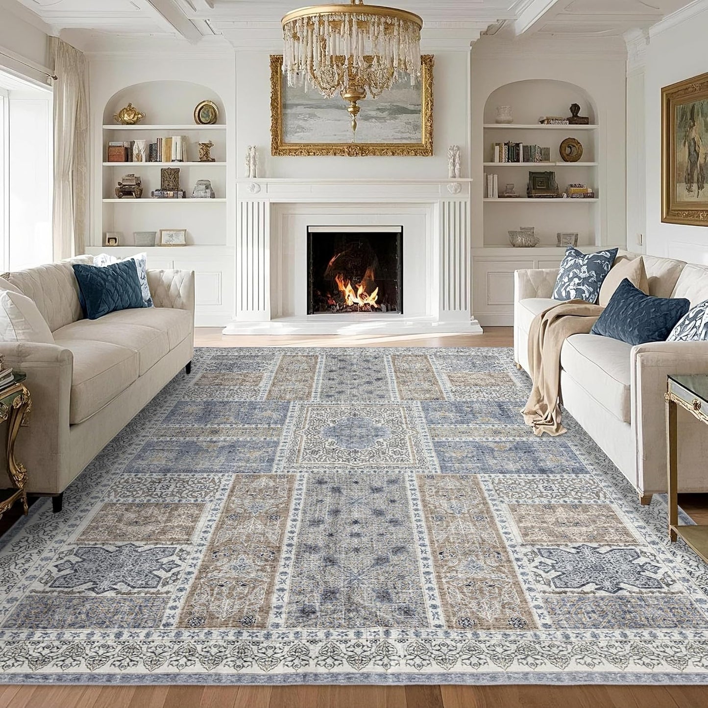 9x12 Area Rug Washable: Oriental Soft Area Rug for Living Room Bedroom No Shedding - Low Pile Thin Carpet Rug for Dining Room Non Slip - Boho Vintage Rug for Home Decor - Blue Grey