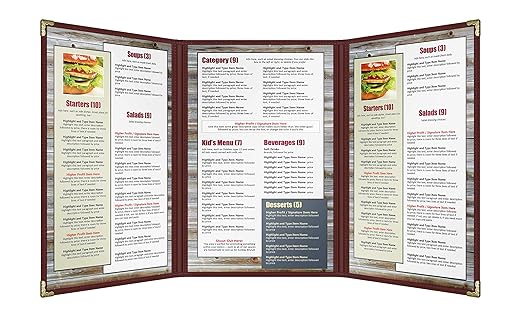 Goodsmart Restaurant Menu Covers – 25 Pack Burgundy 6-View Trifold 8.5" x 14", Side-Loading Vinyl & Plastic Menu Holders, Clear Menu Sleeves, Leather-Style Café Covers with Gold Corners