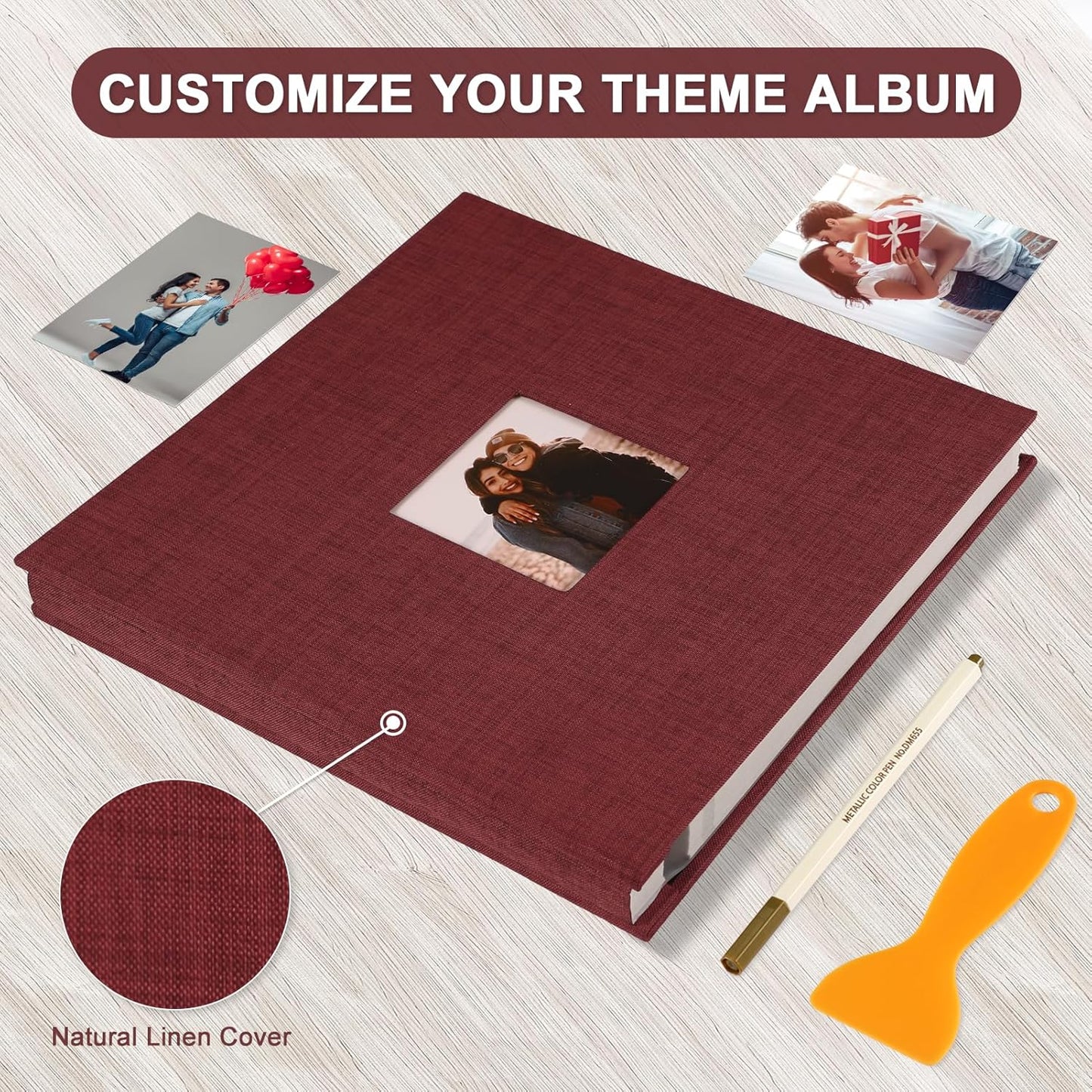 Photo Album Self Adhesive Pages Scrapbook Magnetic Photo Albums for 4x6 5x7 8x10 Pictures Sticky Pages Books for Baby Family Wedding 13.2x12.8 Red 40 Pages