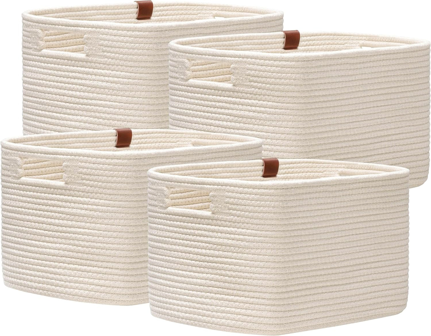 UBBCARE 4 Pack Baskets for Organizing, Woven Storage Baskets with Label for Toys and Towel, Rectangle Cotton Rope Basket with Handles, 15''L x10''W x9''H, Off-White