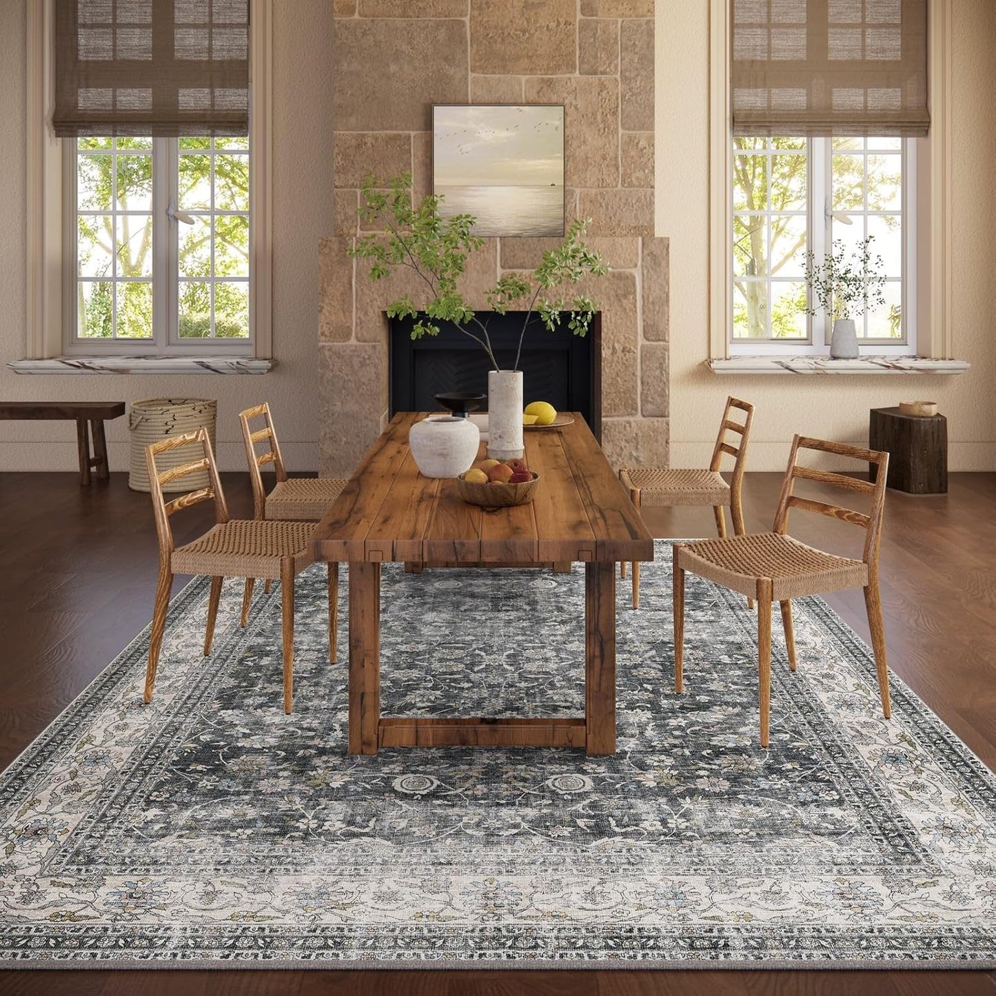 Machine Washable Rugs for Living room: 8x10 bedroom Rug Vintage Boho Area Rug Stain Resistant Non Slip Low Pile Lightweight Soft Carpets for Living room Dining Room Kitchen Nursery Kids Room Farmhouse