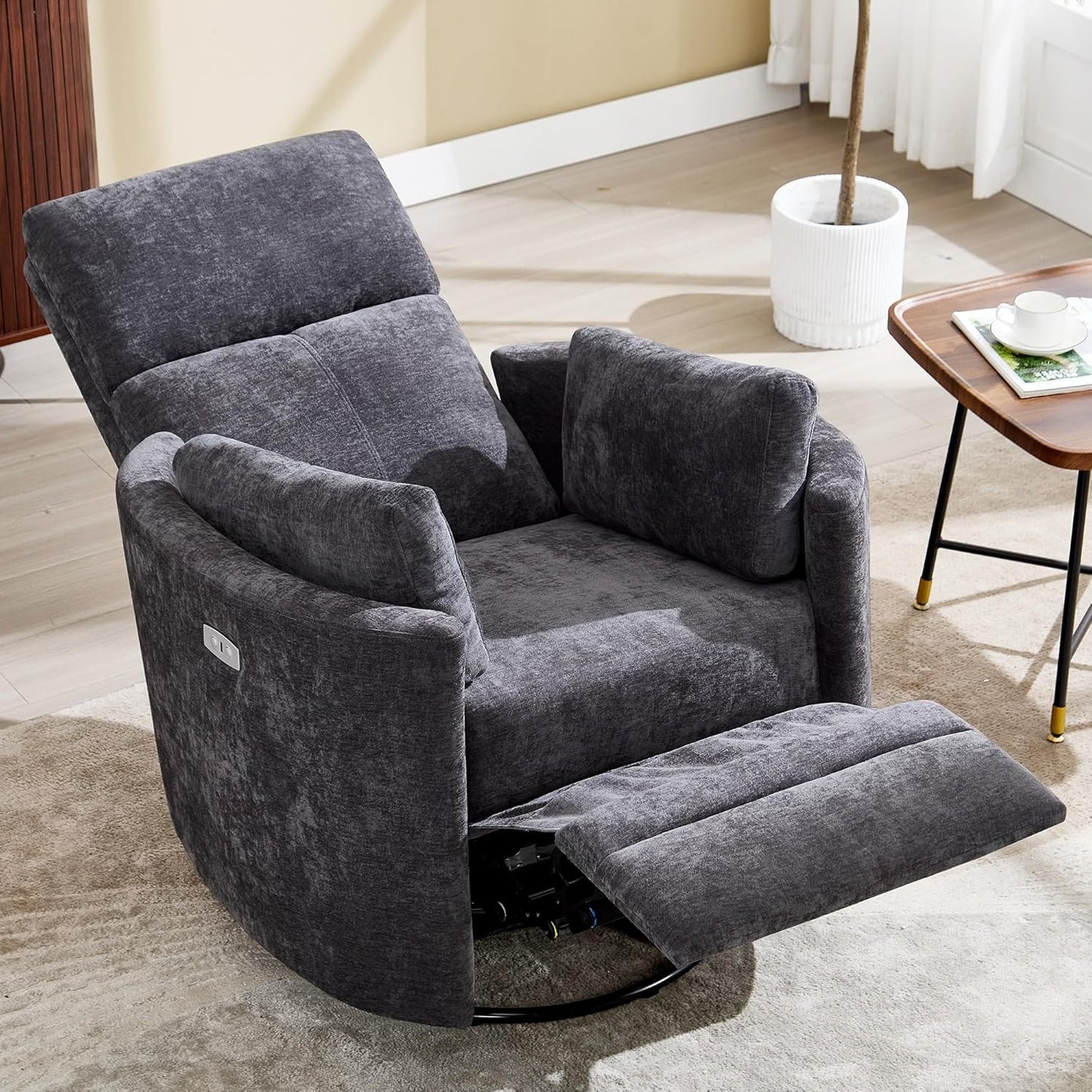 Recliner Swivel Glider Electric Rocking Chair with USB Port,Upholstered High Back Nursery Rocking Chair,Adult Power Recliner Chair with 2 Pillows for Living Room Bedroom(DRAK Grey, Power-Driven)