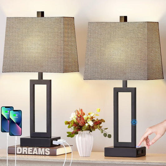 23.5" Touch Control Table Lamps Set of 2, Bedside Lamp with 2 USB Charging Ports & AC Outlet, 3-Way Dimmable Modern Nightstand Lamp for Living Room Bedroom End Table Office(2700K 2 LED Bulbs Included)