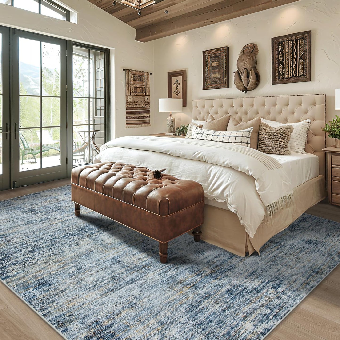 Area Rug 5x7 Living Room Rugs: Abstract Large Washable Rugs with Non-Slip Backing, Thin Carpet for Dining Room Table Bedroom Nursery Indoor Home Office-Blue/Brown