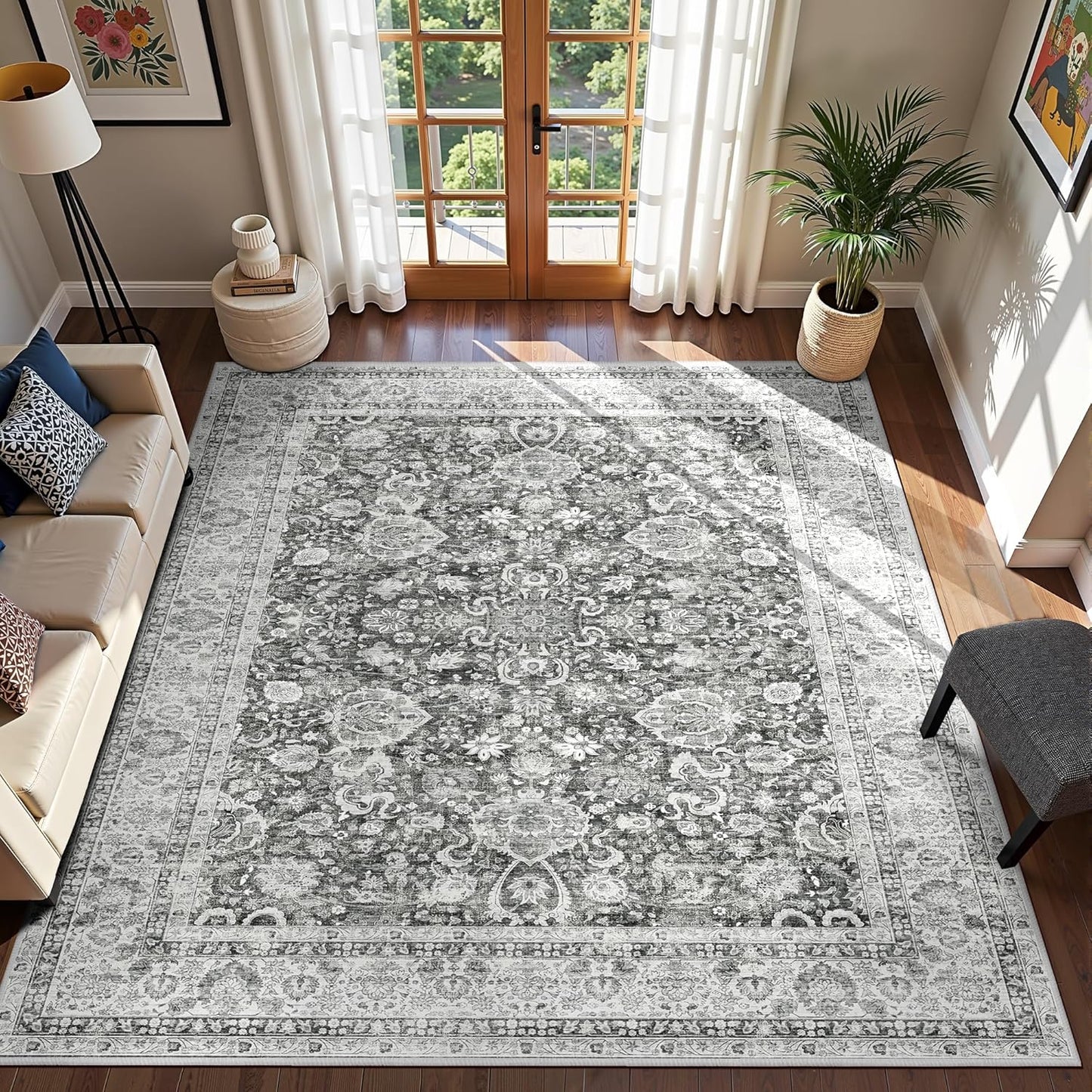 Deerly Area Rugs 9x12 Rug Living Room Distressed Area Rugs, Non Slip Large Washable Rugs for Bedroom Dining Room Office, Floor Decoration Big Rug Low-Pile Grey