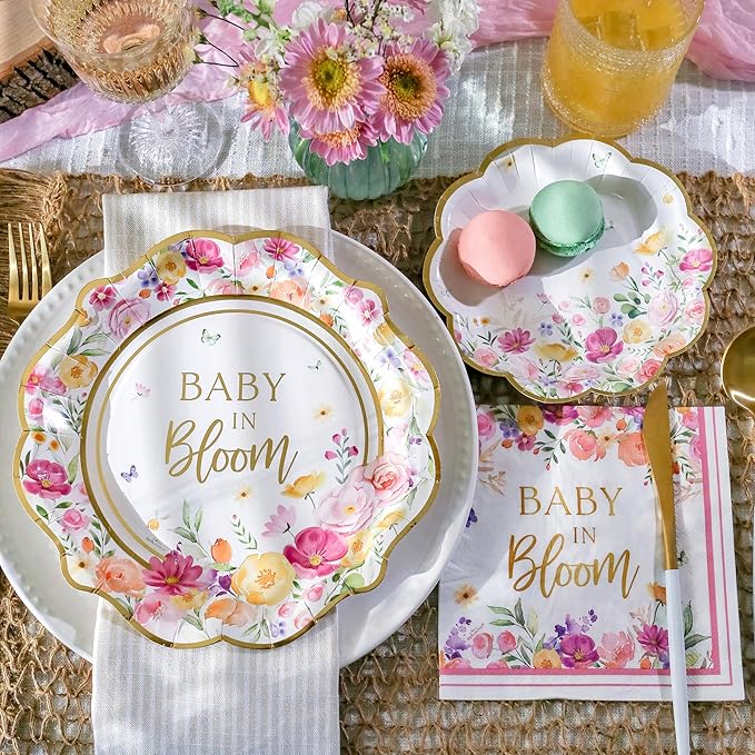 Kate Aspen Baby in Bloom 62 Piece Party Tableware Set Baby Shower Party Decorations Plates & Napkins, Vibrant Floral Botanical (16 Guests)- Perfect for Greenery Baby Shower