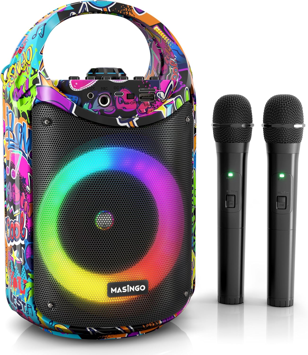 MASINGO Karaoke Machine for Kids and Adults with 2 Wireless Bluetooth Microphones, PA Portable Speaker with Colorful LED Lights, Supports TF Card/USB, AUX/MIC in, TWS for Home Party, Burletta C10 V2