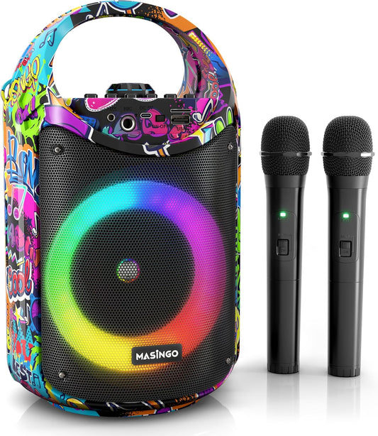 MASINGO Karaoke Machine for Kids and Adults with 2 Wireless Bluetooth Microphones, PA Portable Speaker with Colorful LED Lights, Supports TF Card/USB, AUX/MIC in, TWS for Home Party, Burletta C10 V2