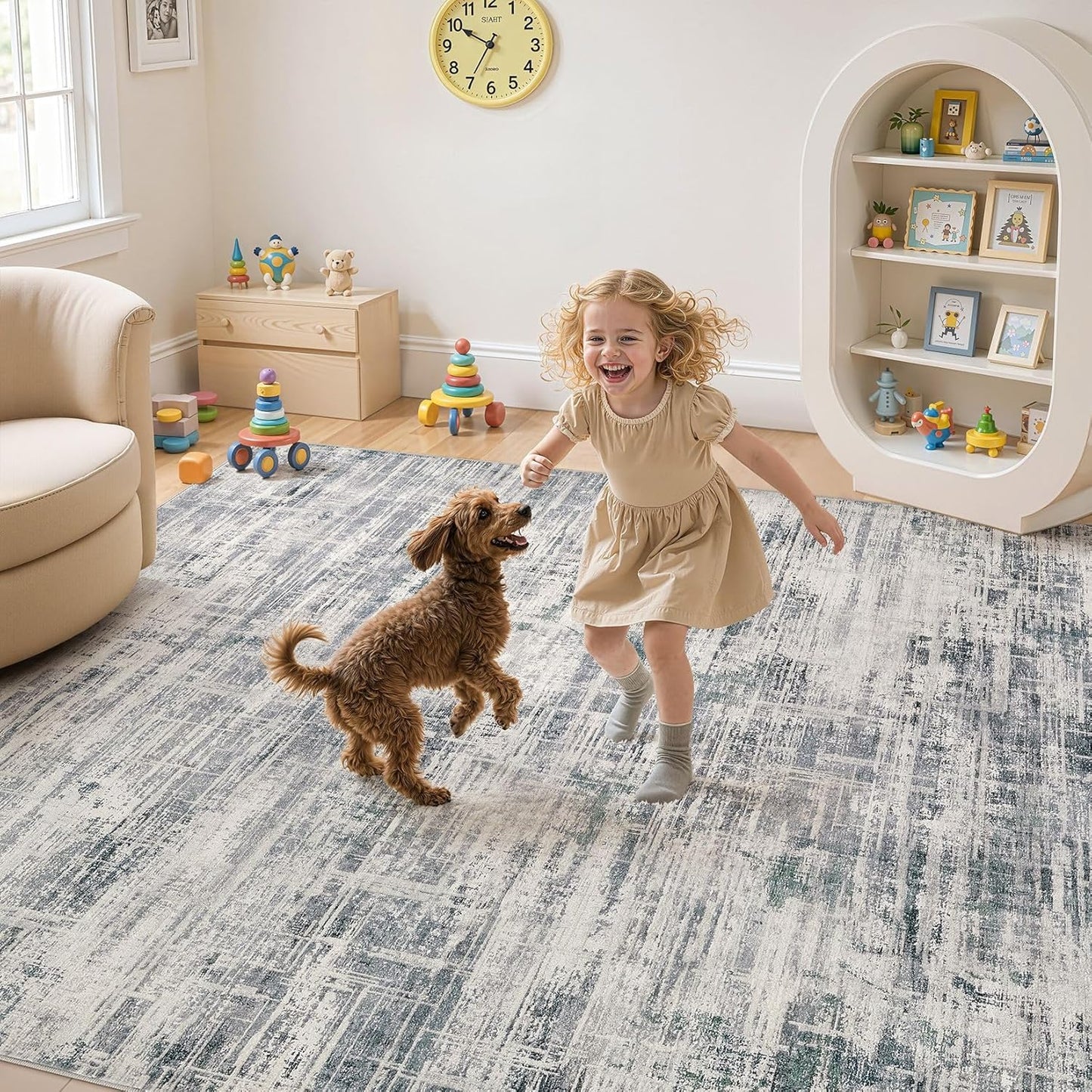 Area Rug for Living Room: 8x10 Washable Neutral Abstract Modern Soft Rugs Non Slip Indoor Floor Stain Resistant Large Carpet for Bedroom Dining Room Office Nursery - Gray