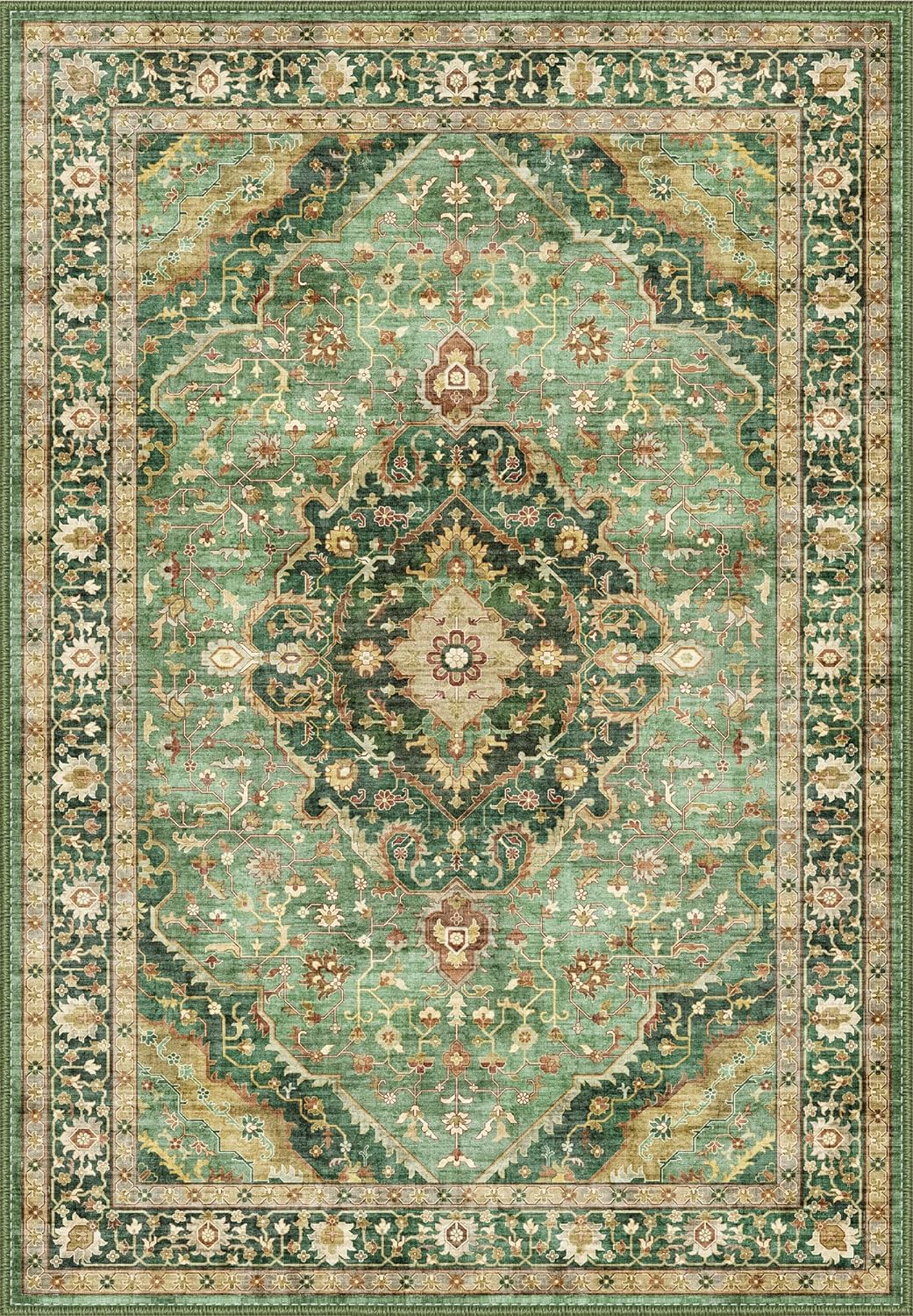 Green Rug 5x8 Area Rugs for Bedroom Washable Rugs Boho Vintage 5x8 Rug for Living Room Carpet Non-Slip Family & Pet Friendly Print Floor Rug(Border Green)