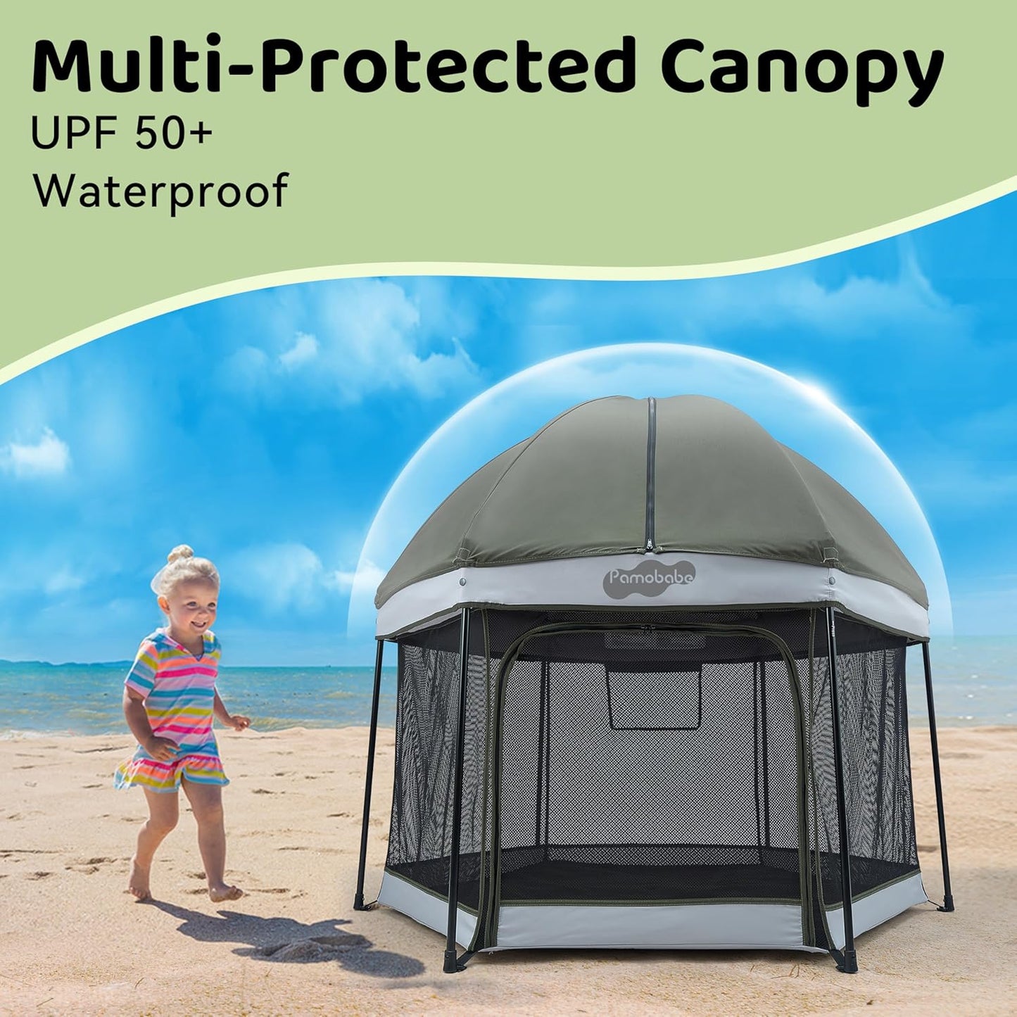 Pamo Babe Baby Playpen with Sun Protection Canopy - Indoor & Outdoor Play Yard for Babies and Toddlers - Baby Tent with Zipper Door