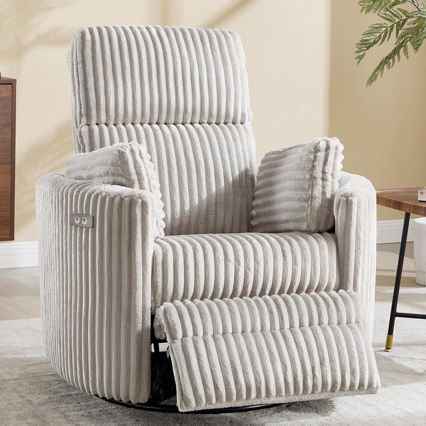 Recliner Swivel Glider Electric Rocking Chair with USB Living Room Bedroom Upholstered Highback Nursery Adult Power Recliner Rocking Chair with 2 Pillows(LIGHTGREY Corduroy, Power-Driven)
