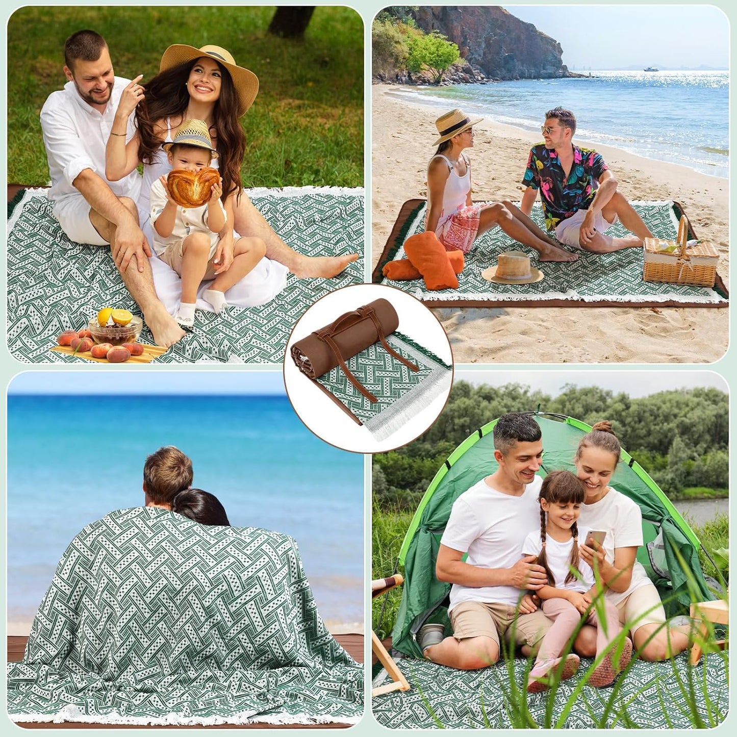 Waterproof Picnic Blankets Outdoor Blanket Foldable 2 in 1 Double Layer Sandproof Beach Mat with Carry Strap for Camping Lawn Park Beach Grass(Green White)
