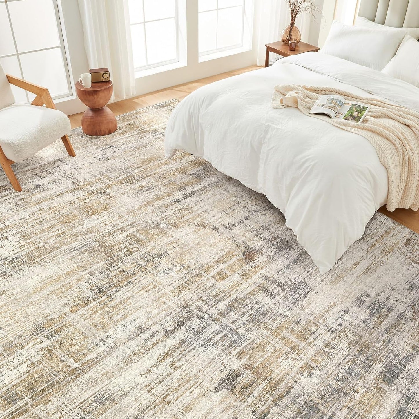 Area Rug for Living Room: 8x10 Washable Neutral Abstract Modern Soft Rugs Non Slip Indoor Floor Stain Resistant Large Carpet for Bedroom Dining Room Office Nursery - Golden Brown