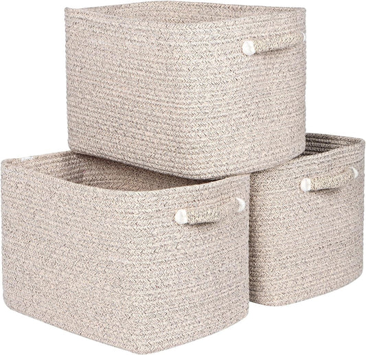 Kntiwiwo Storage Baskets for Organizing 14.7”x11”x9.6” Rope Storage Baskets for Shelves with Handles, Decorative Closet Baskets & Bins, Large Woven Baskets for Storage, Beige & Brown