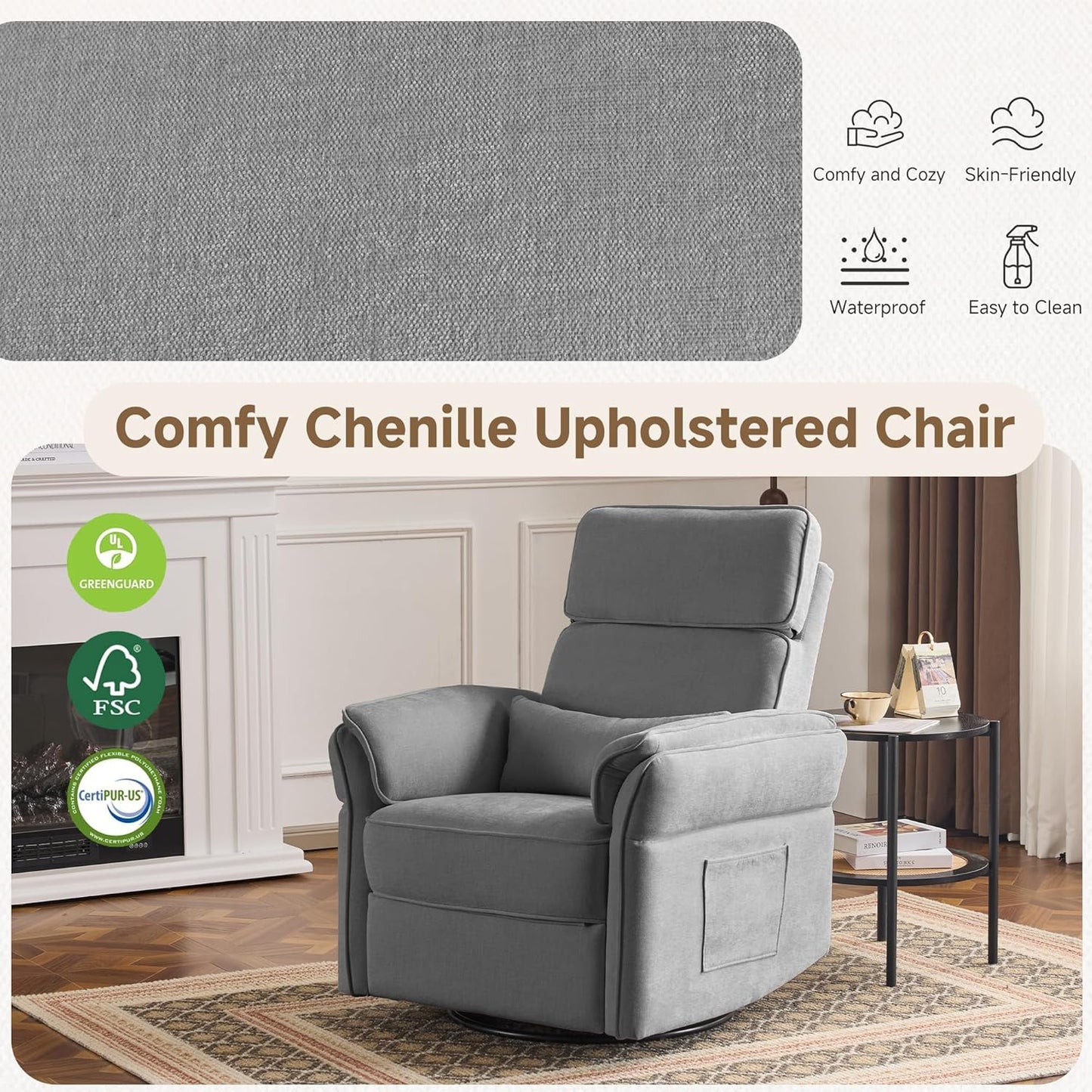 MELLCOM Power Recliner Rocking Chair Nursery Gliders with Adjustable Armrests and Headrest, Swivel Electric Glider Reclining Nursing Chair with USB Port and Storage Bags, FSC Certified