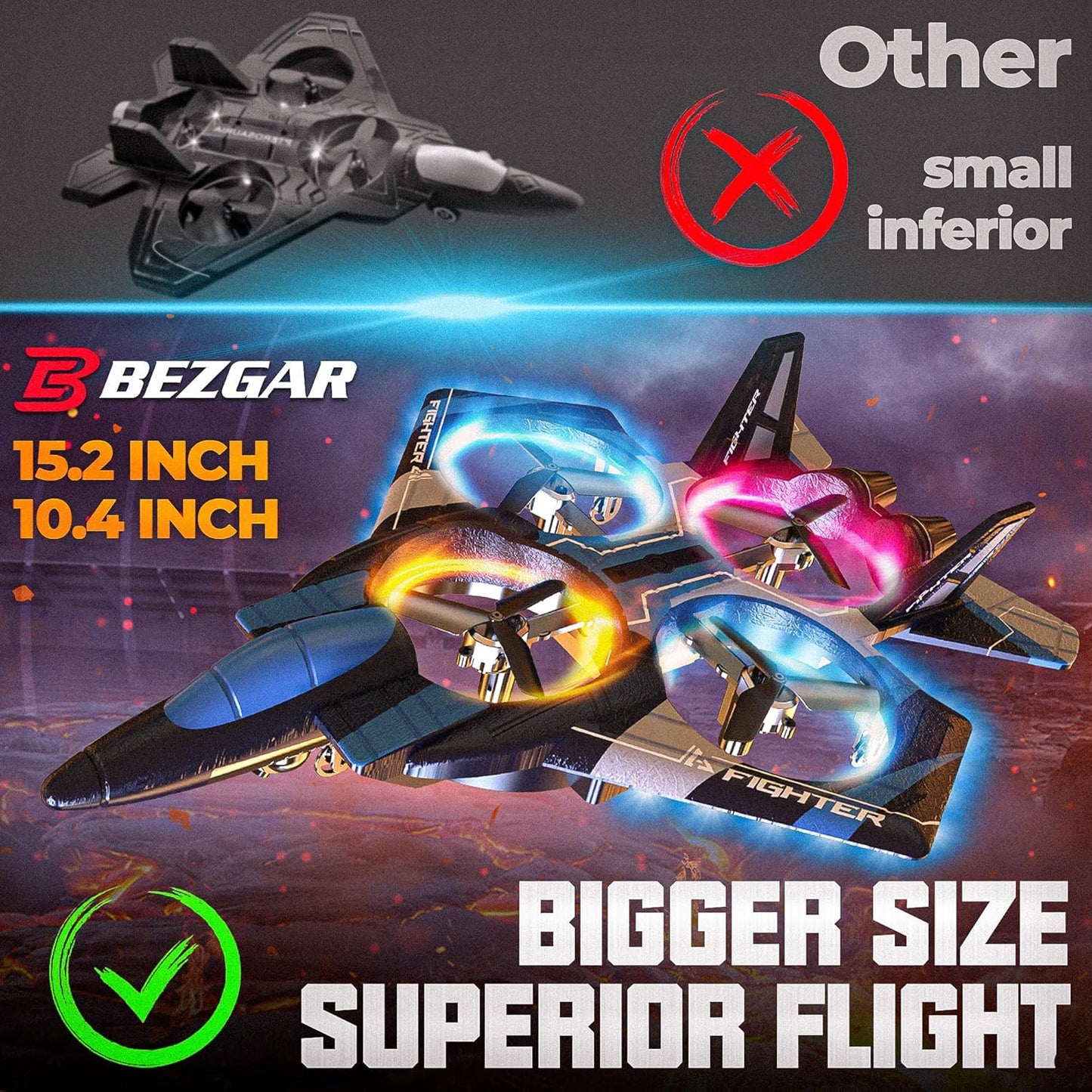 BEZGAR RC Plane for Kids | 2.4GHZ Brushless Drones with Camera, 6-axis Gyro Remote Control Airplane, 360° Flip Fighter Jet Toy, Toys for ages 8-13 with Colorful LED Navigation Lights Blue