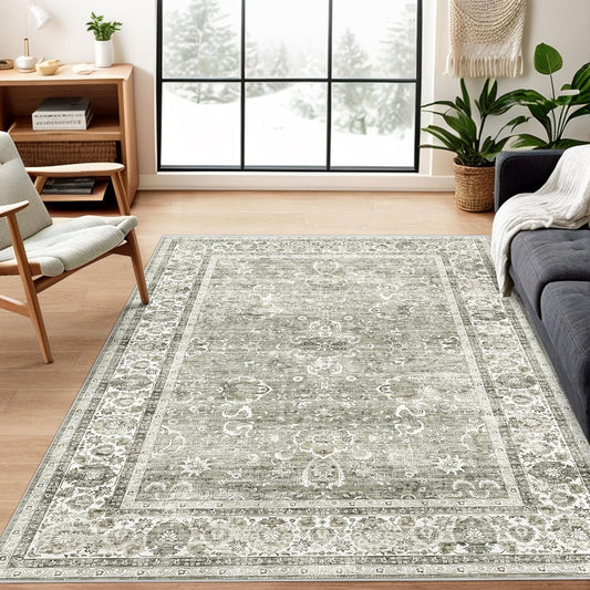 Deerly Washable Rug 5x7 Area Rugs for Living Room, Non Slip Large Rug for Bedroom Dining Room, Low-Pile Kid & Pet Friendly Distressed Carpet Print Floor(Cream)