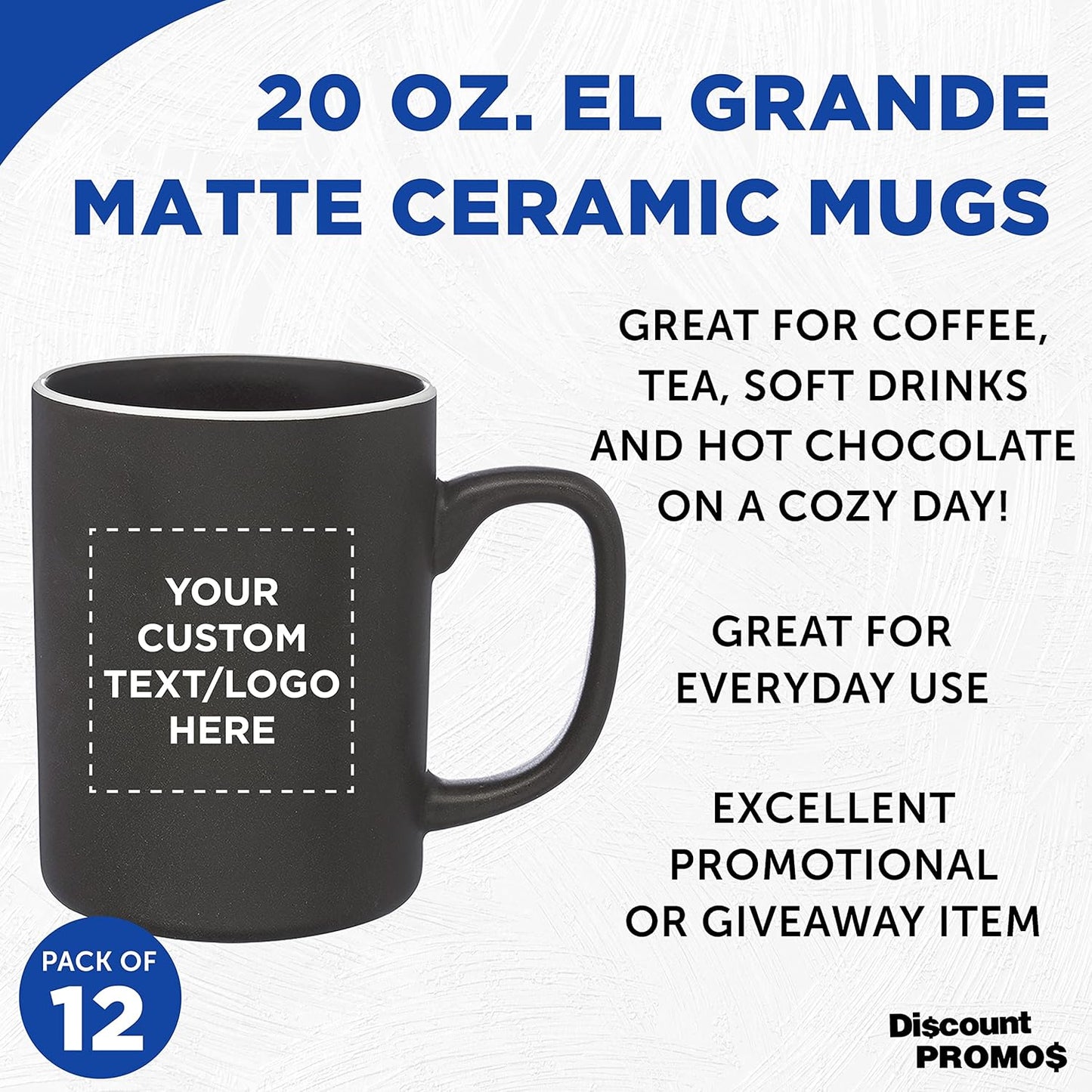 Custom El Grande Matte Ceramic Mugs 20 oz. Set of 12, Personalized Bulk Pack - Perfect for Tea, Espresso, Cappuccino, Hot Cocoa - Charcoal