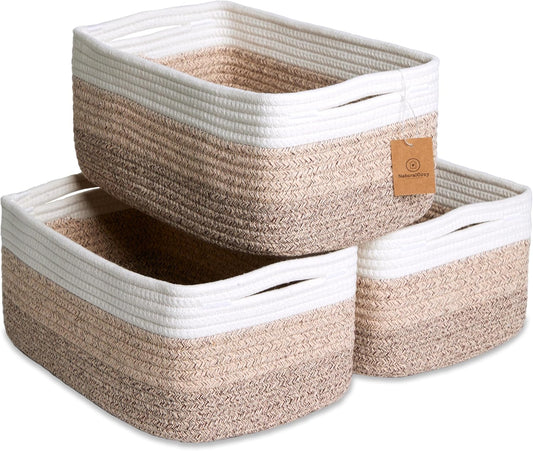 NaturalCozy 13.5”x8.5”x5.5” Storage Baskets for Shelves 3 Pack | Cotton Rope Woven Small Baskets for Organizing | Small Storage Bins for Nursery, Bathroom, Closet, Cube Shelf, Decorative, Gift
