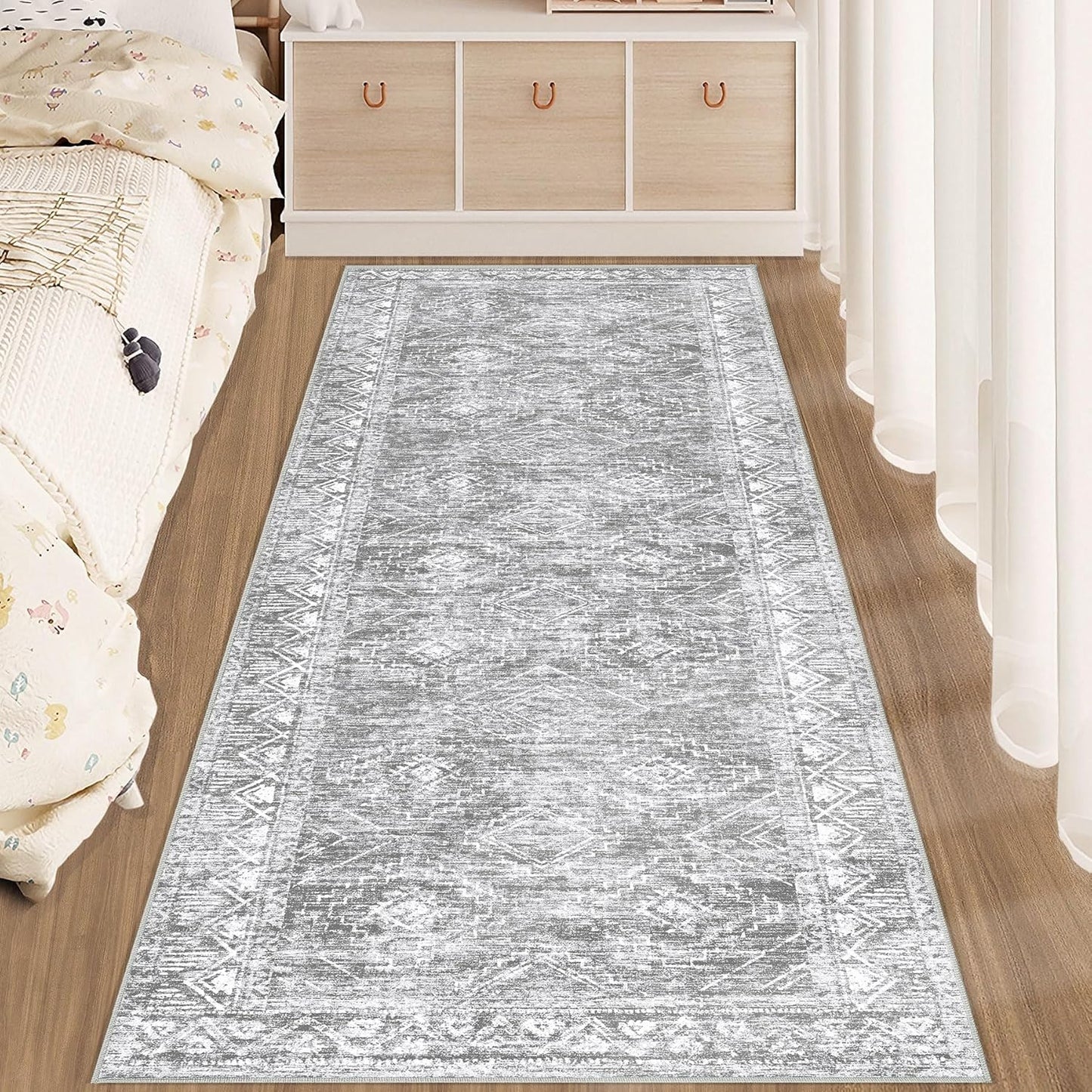 Moroccan Runner Rug 2x6 - Washable Boho Geometric Rugs Non-Slip Entryway Rug, Soft Neutral Farmhouse Runners for Hallway Bedroom Bathroom Laundry Staircase Foyer (2 x 6, Grey)