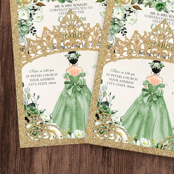 50Pcs Sage Green Crown Quinceanera Invitation for 15 year, Sweet 16, Miss XV, Birthday Laser Cut Quince Invitation Cards Personalized Glitter Gold