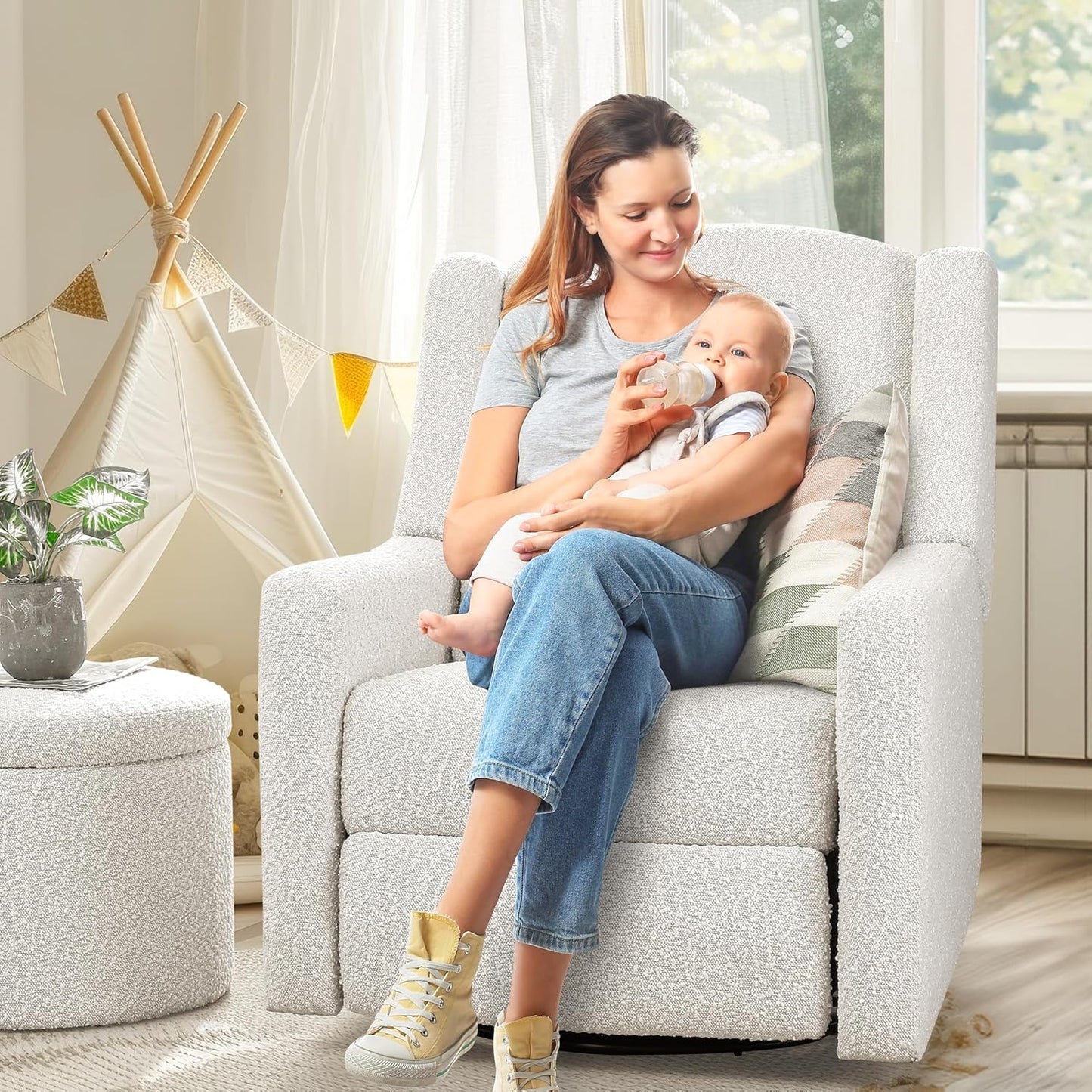 Power Recliner Chair Swivel Gilder Rocking Chairs Skin-Friendly Power Recliner Nursery Chair for Adults with Waist Pillow, USB Charging, Ottoman (Beige, Only Recliner Chair)